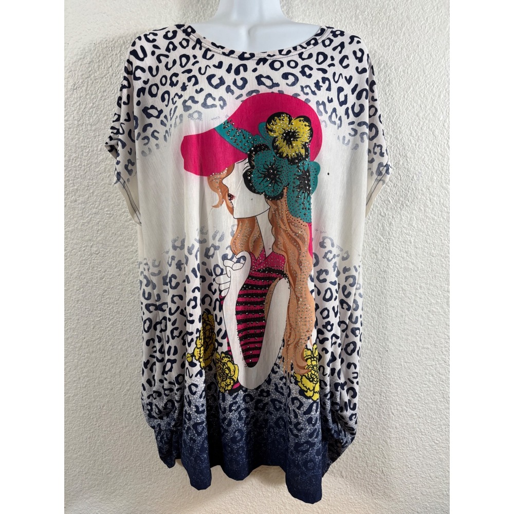 Super Line Graphic T-Shirt Womens XL White Vintage Y2K Leopard Rhinestone